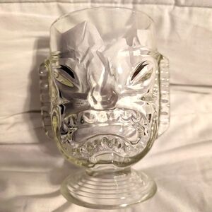 Vintage Tall Clear Glass 2 Faced Happy/Angry Tiki Goblet Mug